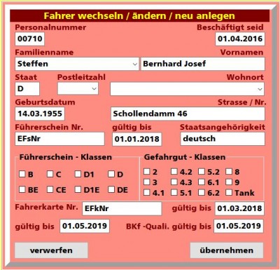 Die Eingaben werden für mehrere Fahrer in eine Datei gespeichert.