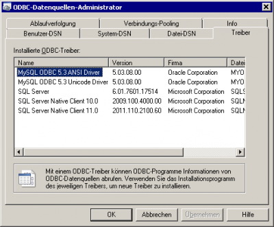 Die installierte ODBC-Treiber