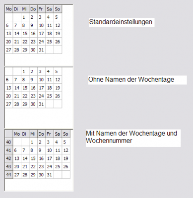 Drei Kalender: 1. mit Wochentagsnamen; 2. ohne alles 3. mit Wochentagsnamen und Wochennummern