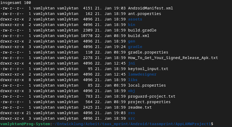 Terminal listing des Projektordners